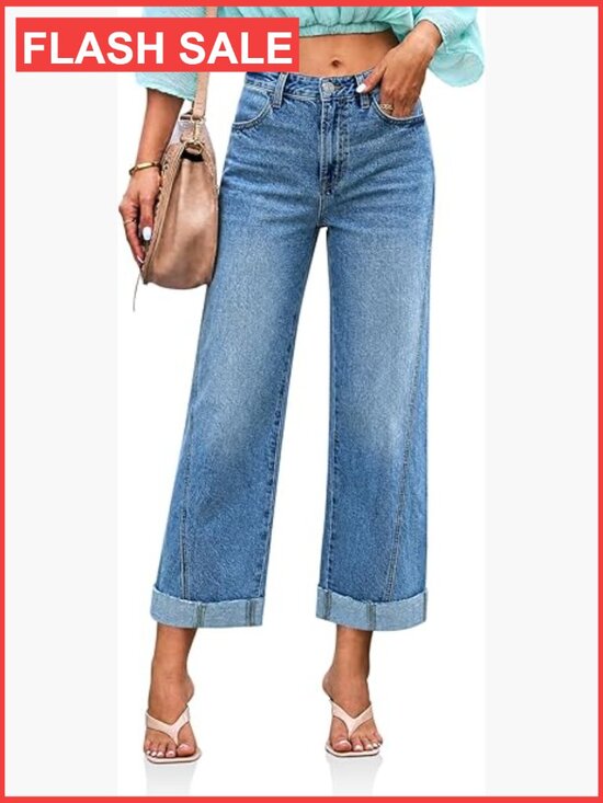 Denim - High Waisted Cropped Straight Wide Leg Cuffed Boyfriend Jeans